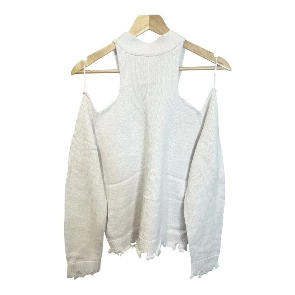 525 America Cut Out Cardigan Sweater Medium Bleach White Distressed Look NWT